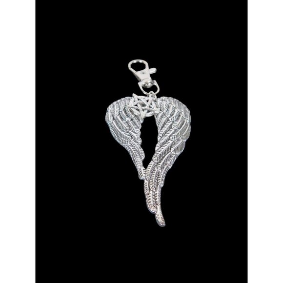 Angel Wing Pentagram Keychain Silver Clip Christian Witch - Picture 2 of 11